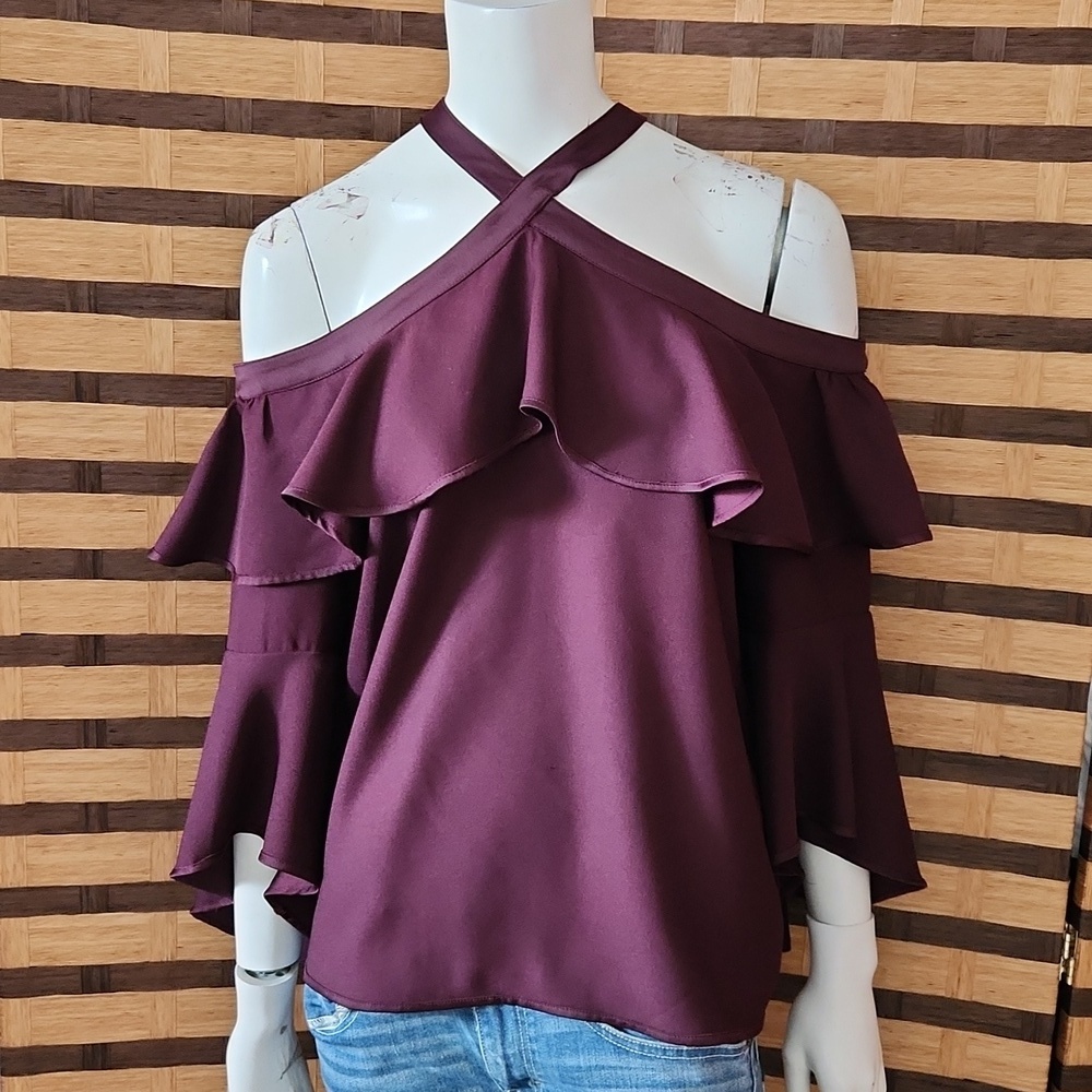 EUC! Loft Wine cold shoulder ruffle top bell sleeves